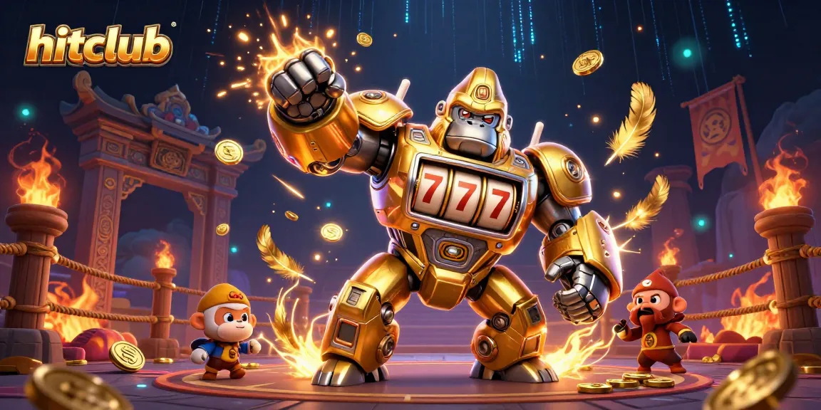 Experience thrilling wins at hitclub with a dynamic 3D golden gorilla mech in a vibrant casino setting.