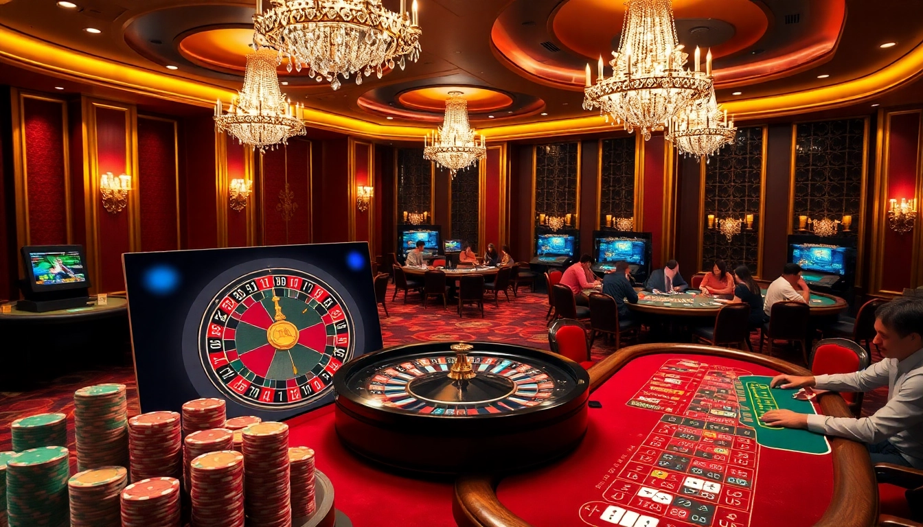 Experience the thrill of luxury gaming with nhà cái da88's vibrant casino atmosphere featuring roulette and poker tables.