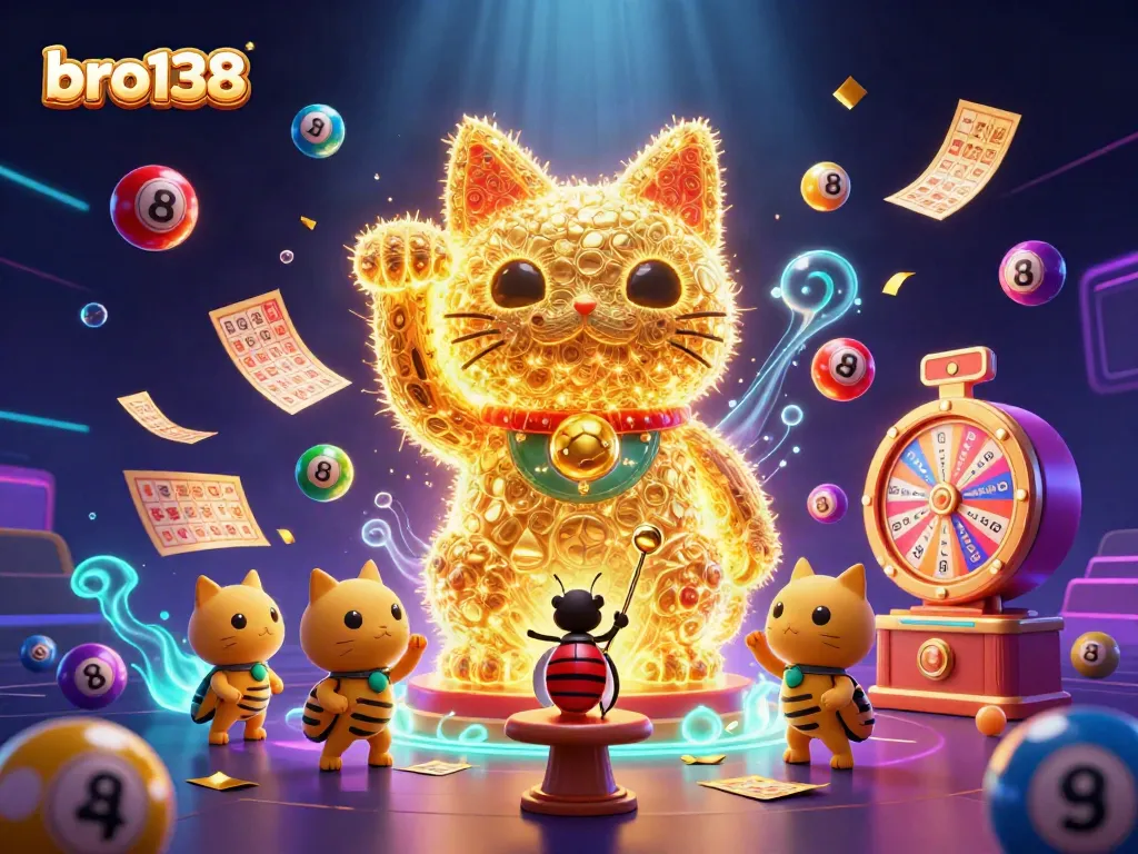 Experience the excitement of bro138 with a vibrant digital casino scene featuring lucky symbols and dynamic gaming elements.