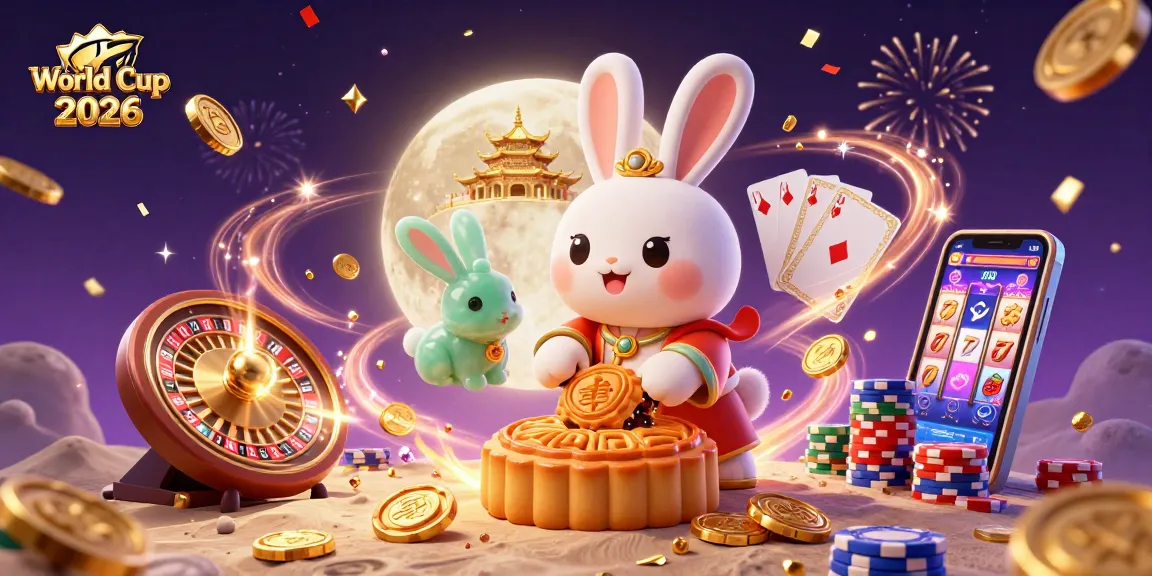 Experience the World Cup 2026 excitement with a 3D illustration of a moon rabbit and poker chips.