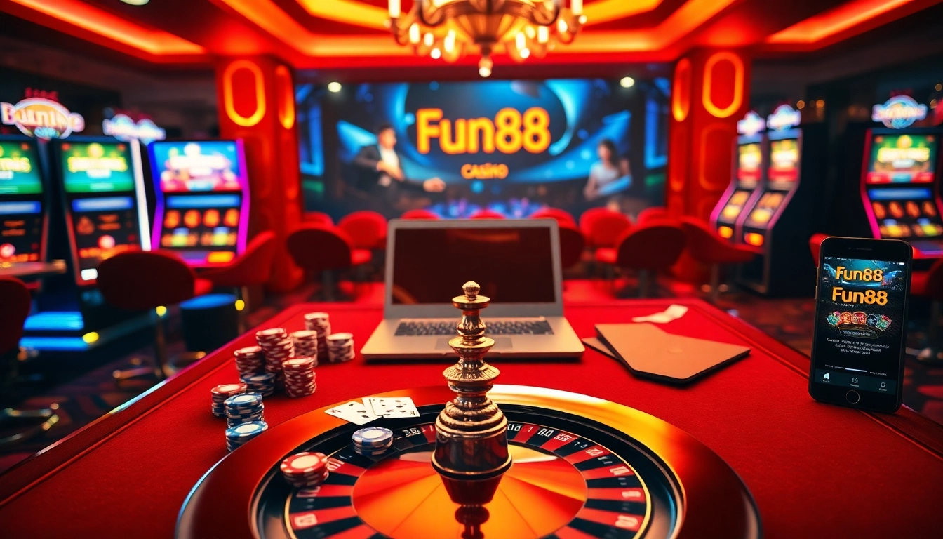 Action-packed scene showcasing Fun88 online casino games with poker chips and a roulette wheel.