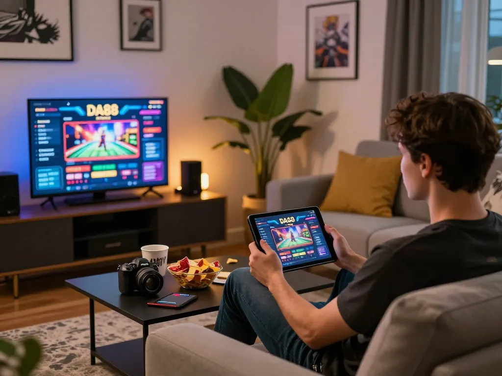 Person enjoying DA88 online casino on tablet in a cozy living room setting, showcasing casual gaming experience