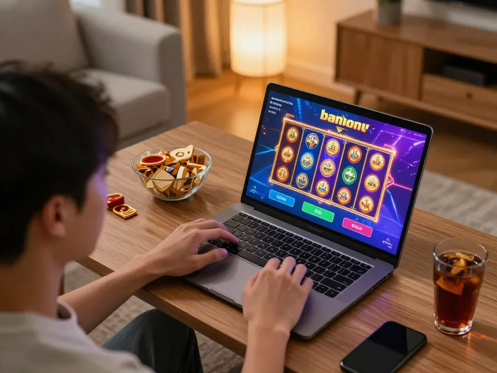 Person enjoying gamebainohu while playing online slot games in a cozy setup