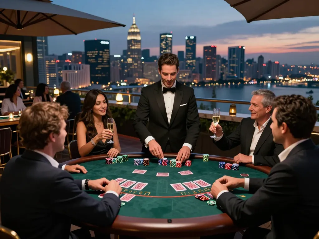 Fly 88 players celebrating at a stylish blackjack table with city skyline backdrop
