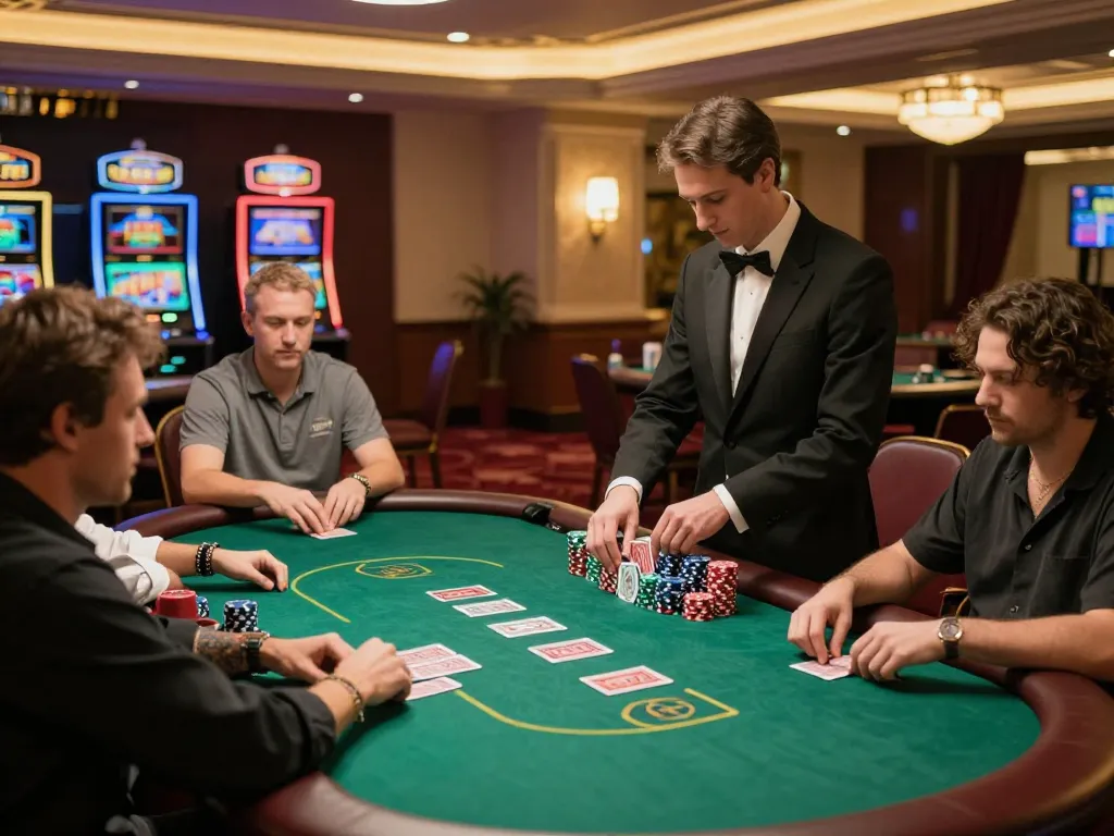 Players enjoying poker at a 999bet table, engaged in strategic gameplay with vibrant casino atmosphere