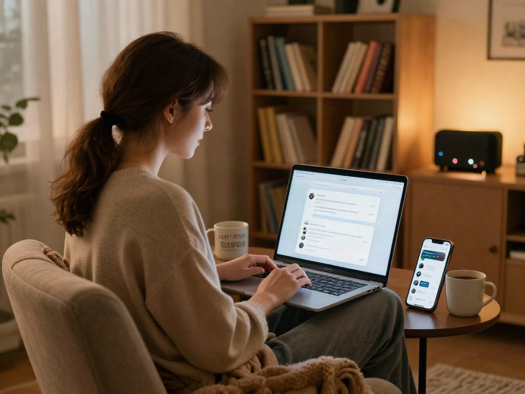 Engaging with AI chat porn in a cozy home office setting, showcasing user interaction with digital assistance.