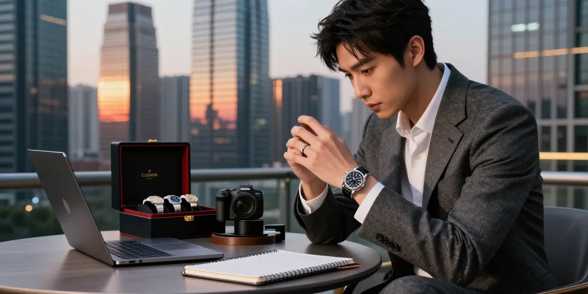 Luxurious replica watch displayed stylishly while being examined for quality and elegance in an urban evening setting.