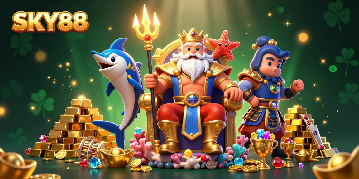 Engage in thrilling gameplay at SKY88 with vibrant characters, gold treasures, and sparkling jewels.