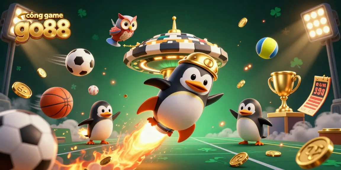 Play and win at cổng game go88 with an exciting scene of our golden penguin mascot and engaging sports elements.
