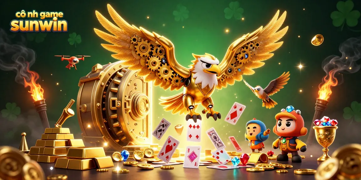 Engage in thrilling action with cổng game sunwin, showcasing a dynamic scene of a golden eagle and diving playing cards.