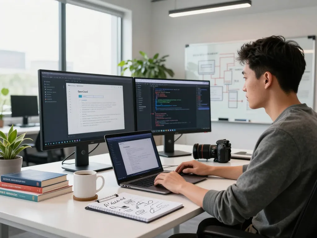 Developer integrating clawbot in a modern workspace with multiple screens and a productive atmosphere.