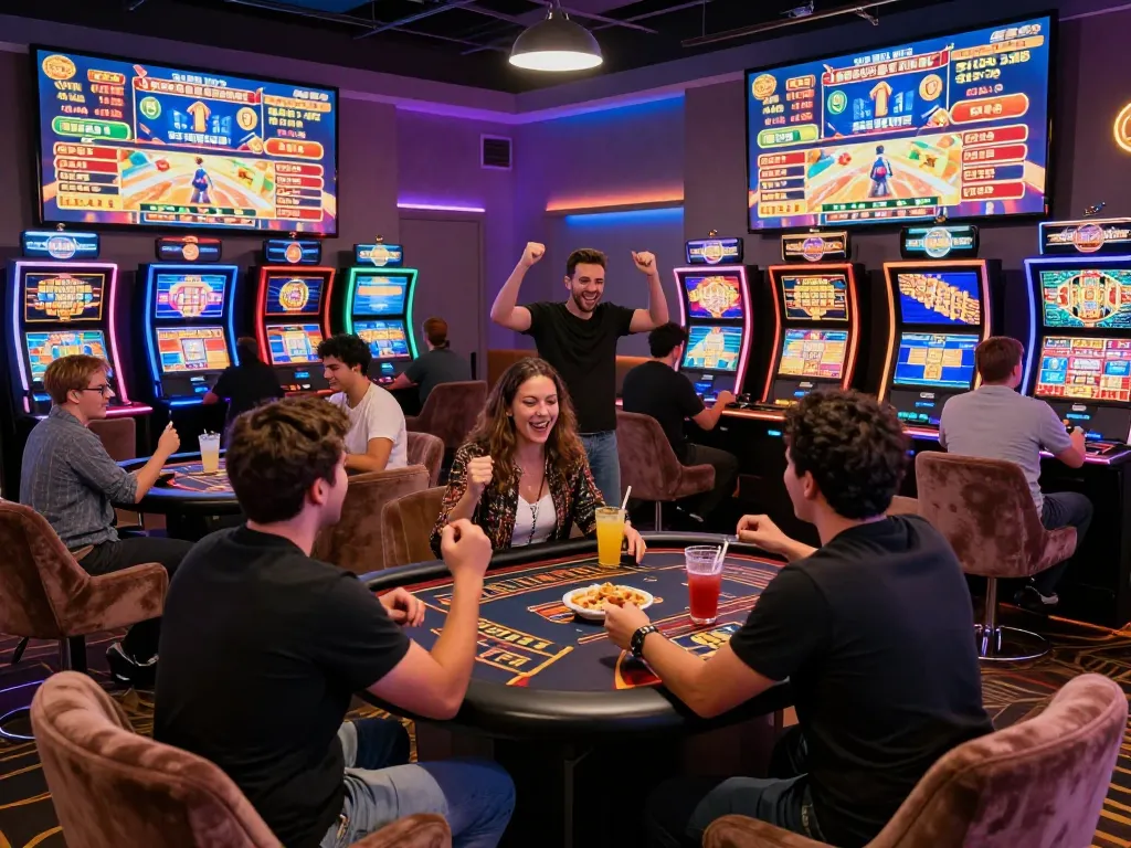 Exciting gaming scene at https://au88.mex.com/ with friends enjoying slots and live dealers, illuminated by neon lights.