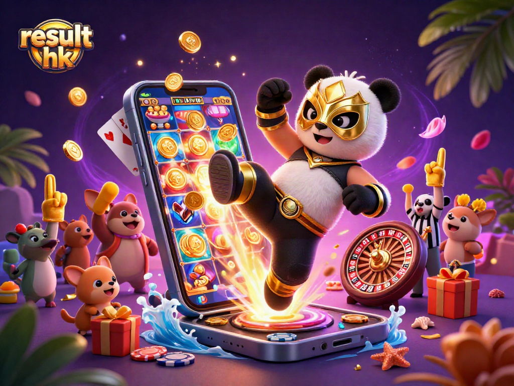 Experience result hk with a panda wrestler kicking action in a vibrant casino scene.