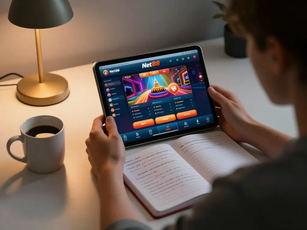 Player engages with the Net88 casino app on a tablet, showcasing a responsible online gaming environment.