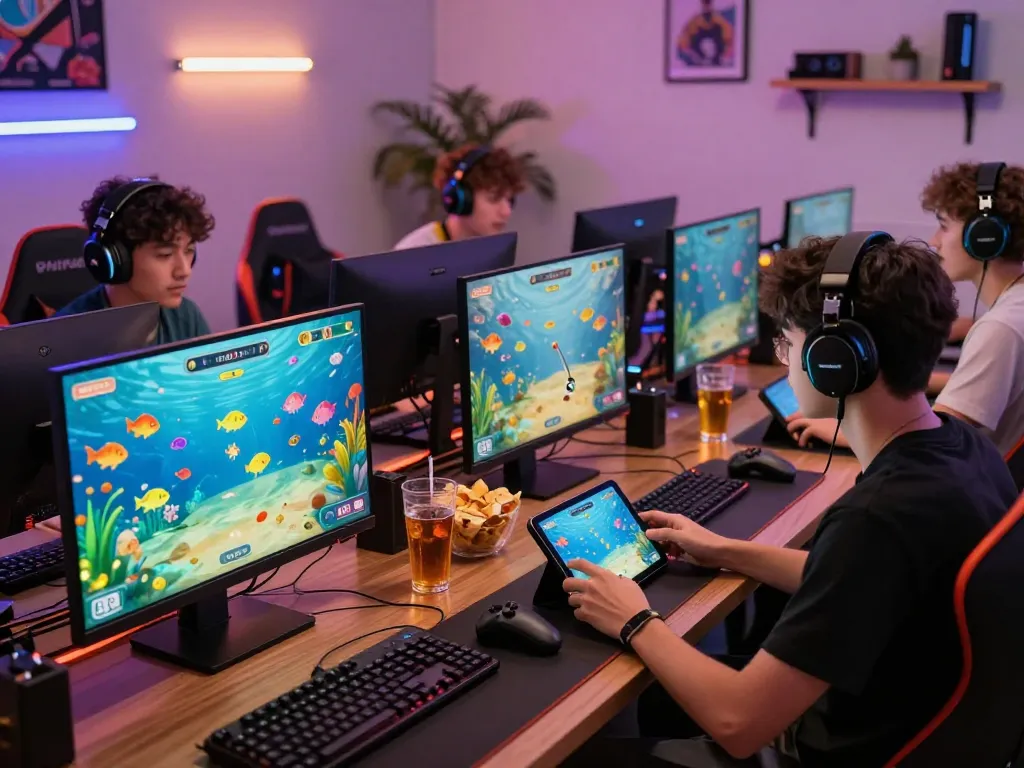 Players enjoying fun79 fish shooting game in a lively gaming setup, showcasing vibrant graphics and a playful atmosphere.