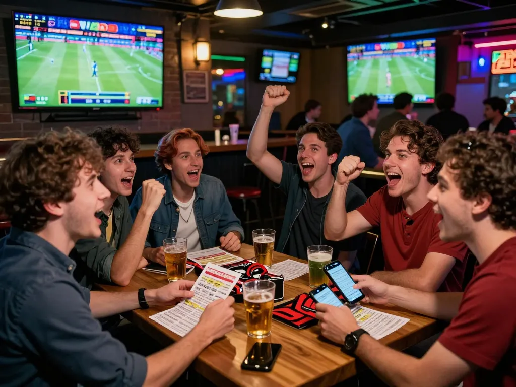 Friends enjoying a rikbet sports betting experience in a lively bar.