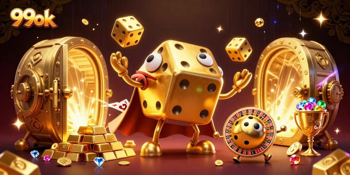 Experience immersive gaming with the dynamic 99ok golden dice golem, surrounded by treasures and luck.