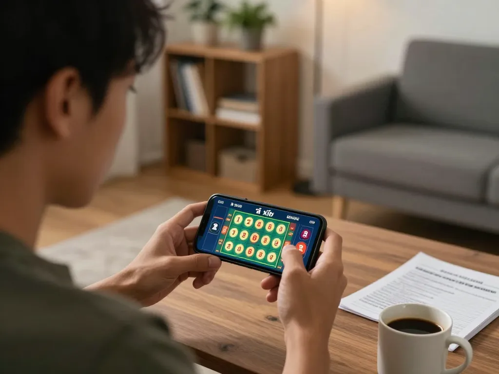 Engaging in tài xỉu online on a smartphone with strategic focus and cozy ambiance