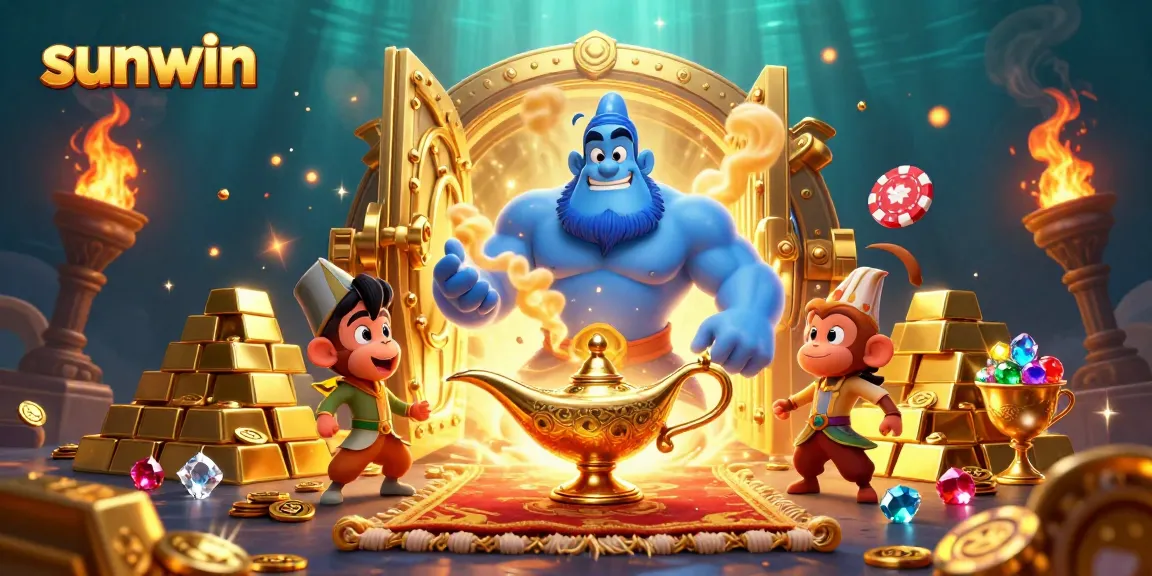 Engage with sunwin's fantasy world, featuring a jubilant genie, coins, and poker chips in a vibrant scene.