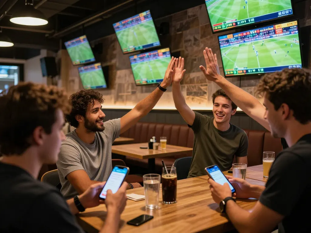 Soi kèo bóng đá enthusiasts analyzing betting odds in a lively sports lounge