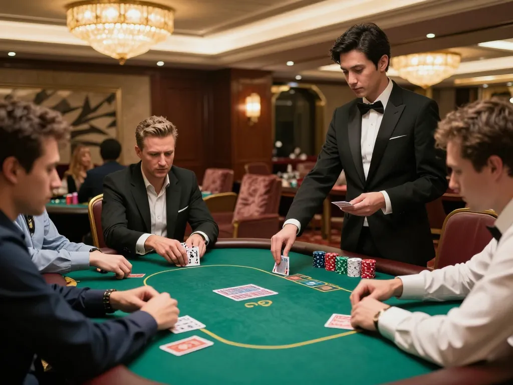Players engage in an intense poker game at Xin88's exclusive casino, showcasing professional gaming atmosphere.