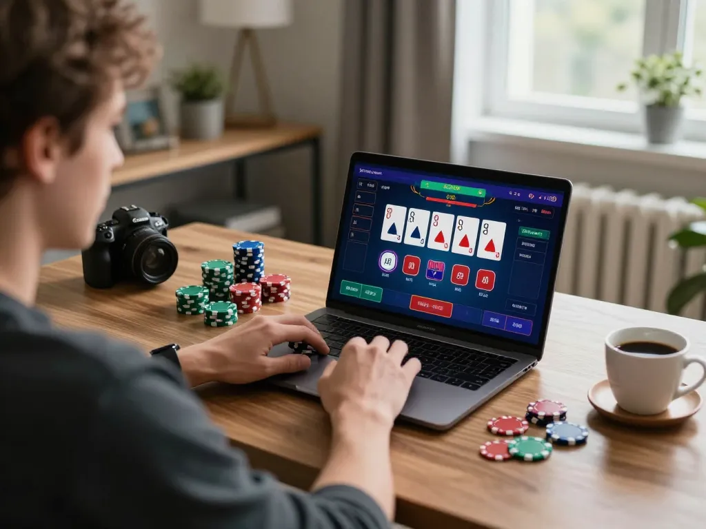 Player engaging in strategic online poker game on laptop, showcasing 789F interface in vibrant home office setting.