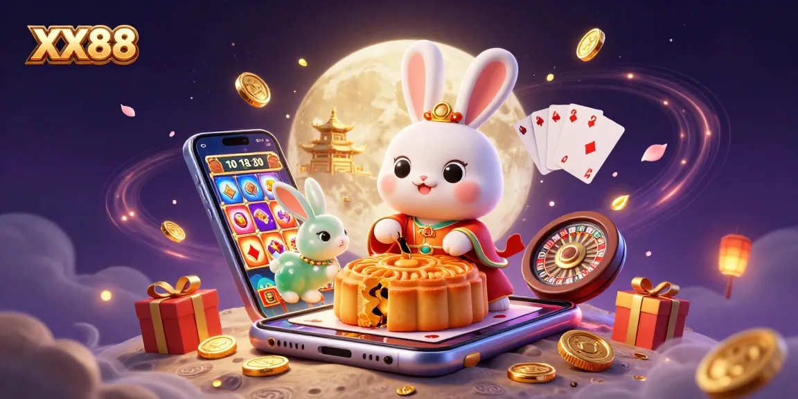 Win big with XX88 as the moon rabbit uncovers poker chips among golden mooncakes in a vibrant casino scene.