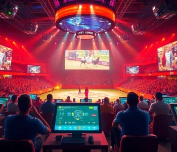 Experience the excitement of live betting at dagawin.live with a vibrant chicken fighting arena, showcasing dynamic digital interfaces.