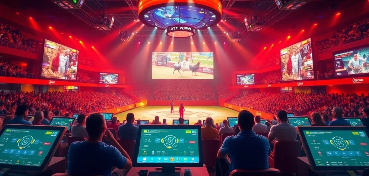 Experience the excitement of live betting at dagawin.live with a vibrant chicken fighting arena, showcasing dynamic digital interfaces.