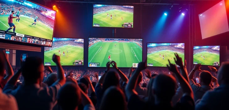 Engage with live soccer streaming on joemadfan.com, showcasing energetic fans and vibrant sports interface.