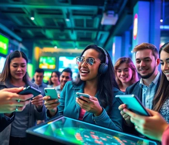 Online gaming enthusiasts engaging with okvipwin.live in a vibrant, modern setting.