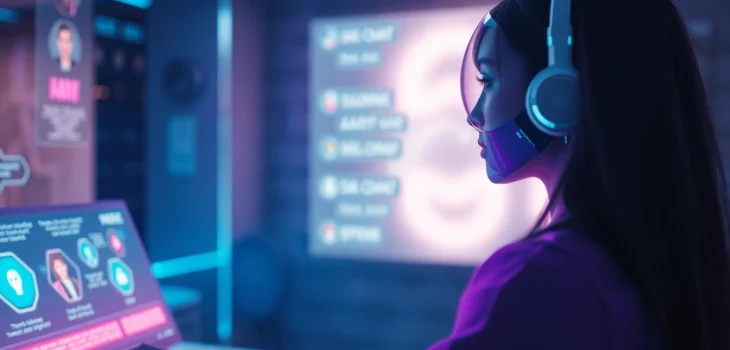 Interactive digital interface demonstrating sex chat AI technology in a futuristic setup.