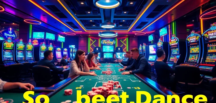 Exciting online gaming scene at sbobet.dance with vibrant players enjoying poker and slot machines.