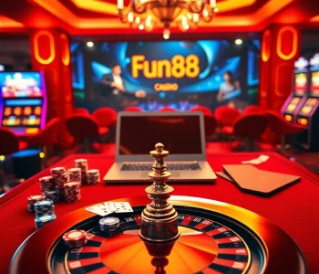 Action-packed scene showcasing Fun88 online casino games with poker chips and a roulette wheel.
