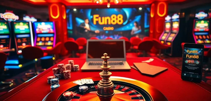 Action-packed scene showcasing Fun88 online casino games with poker chips and a roulette wheel.