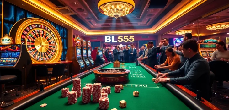 Exciting gameplay at BL555 casino featuring poker tables, roulette wheel, and slot machines illuminated by vibrant lights.