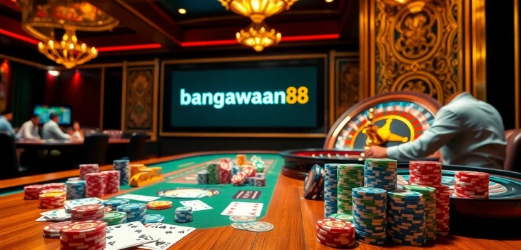 Experience the excitement of gambling with bangsawan88 at a luxurious casino table filled with vibrant chips and cards.