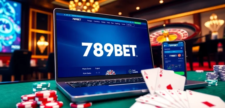 Engaging digital casino scene displaying 789BET online gaming interface with poker chips and cards.