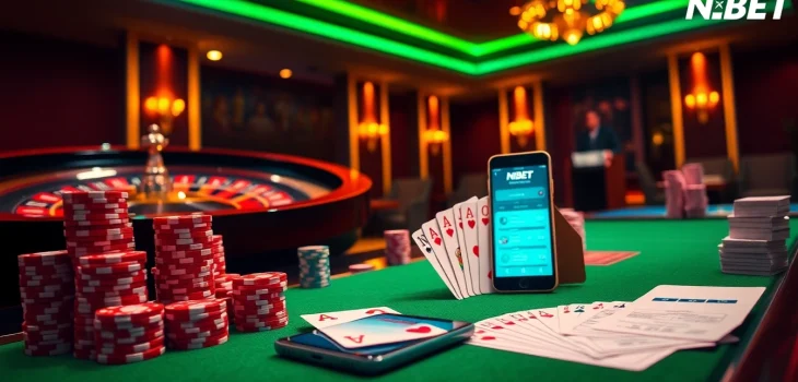 Exciting gaming scene with Nhà Cái NBET branding, showcasing roulette and poker.