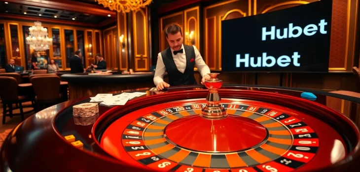 Players engaging with Hubet at a luxurious casino table filled with chips and cards.