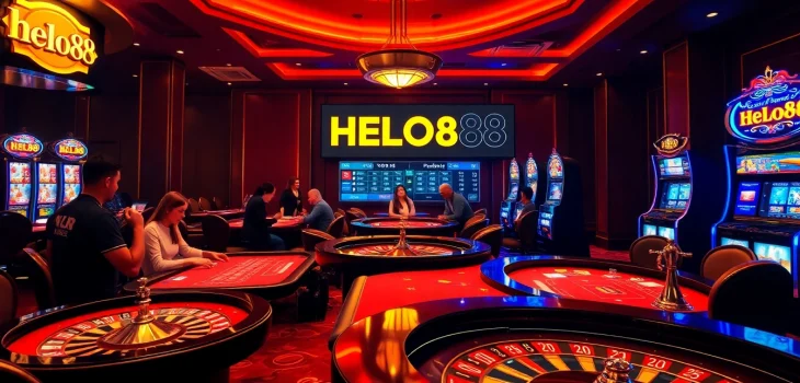 Experience thrilling gaming action at HELO88 casino with poker tables and slot machines.
