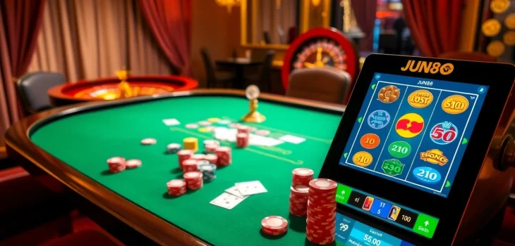 A lively casino scene showcasing Jun88's poker table with vibrant chips and exciting gaming atmosphere.