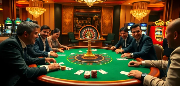 Players at a poker table experience thrilling moments at https://8day-vn.jpn.com/ with vibrant lighting and rich casino decor.
