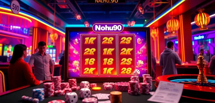 Nohu90 players enjoying a thrilling online slot machine experience with vibrant gaming elements.