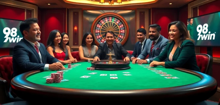 Experience thrilling gameplay at 98win's online casino with a vibrant poker table and roulette wheel.