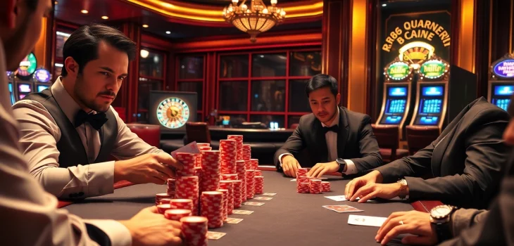 Intense poker game at RR88 featuring high stakes, vibrant chips, and cards in a luxurious casino setting.