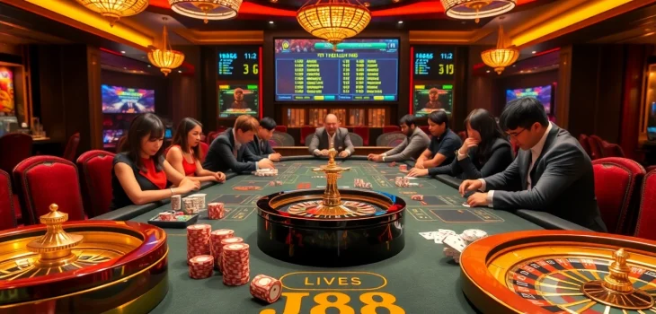 J88 casino table showcasing poker action with vibrant chips and cards in a luxurious atmosphere.