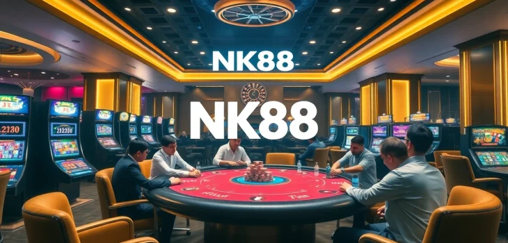 Engaged players enjoying a high-stakes game at NK88 casino with vibrant slot machines.